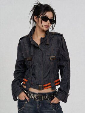 Y2K Denim Moto Jacket Cropped Buckle Strap Orange Stripe Streetwear ONARA Jeans